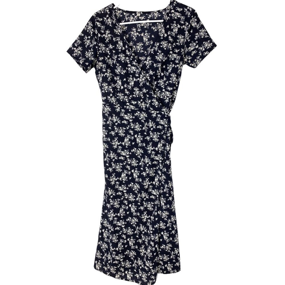 New Women’s True Wrap Ditsy Midi Dress Small Navy Short Sleeve RR10489 V-neck